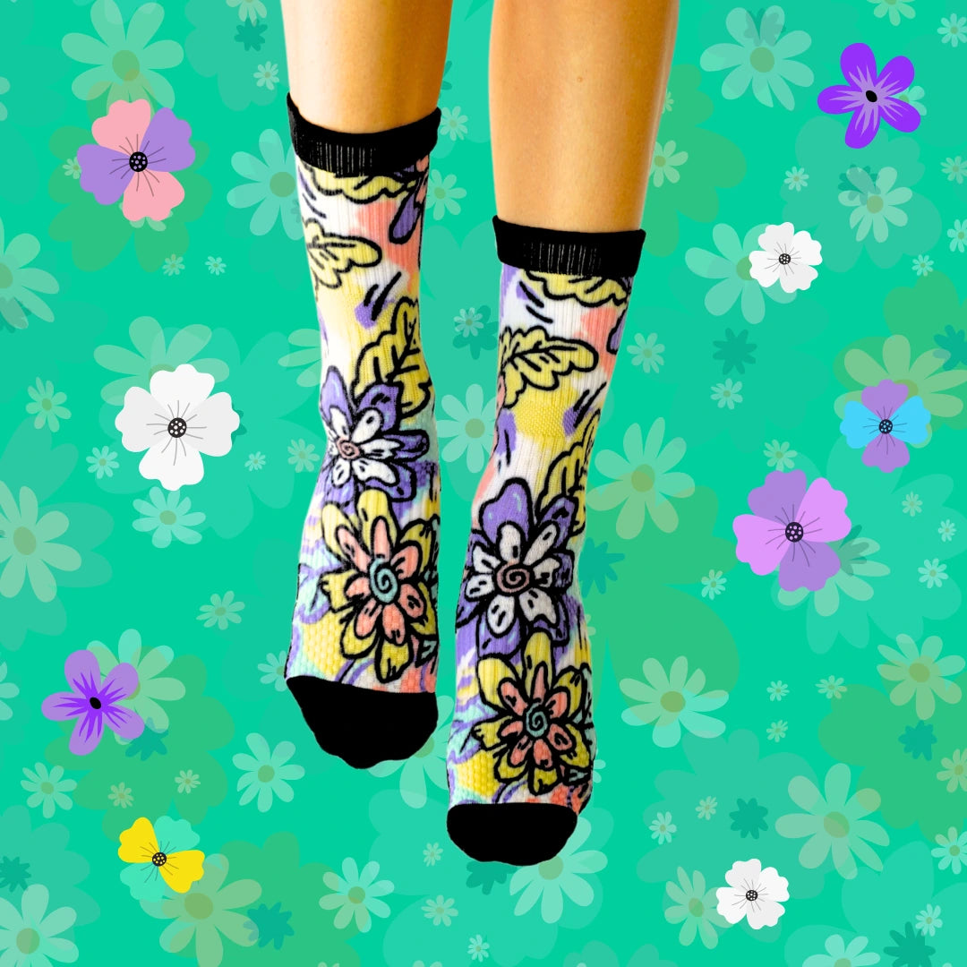Crew Length Compression Socks Funky Flower Bamboo