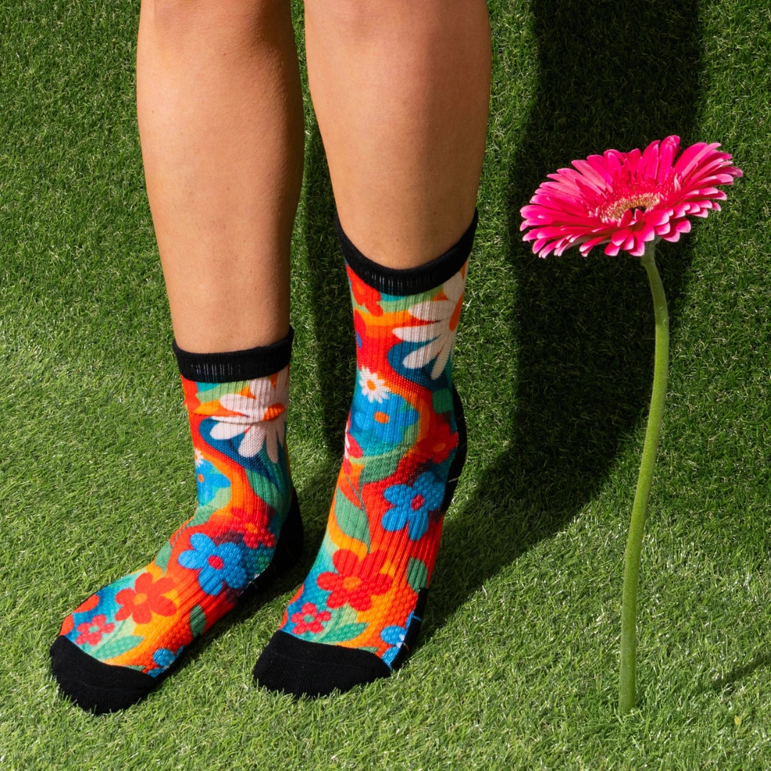 Crew Length Compression Socks Retro Flowers Bamboo