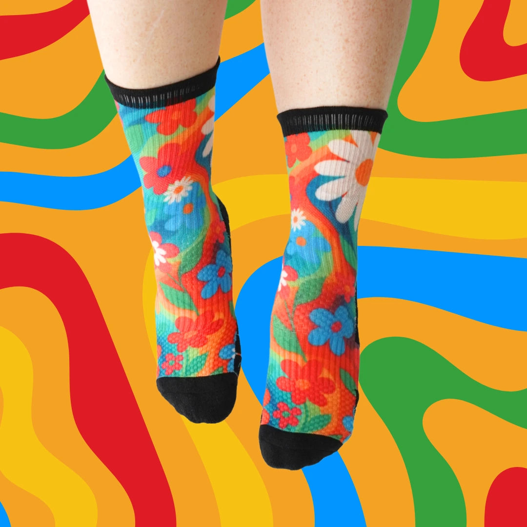 Crew Length Compression Socks Retro Flowers Bamboo
